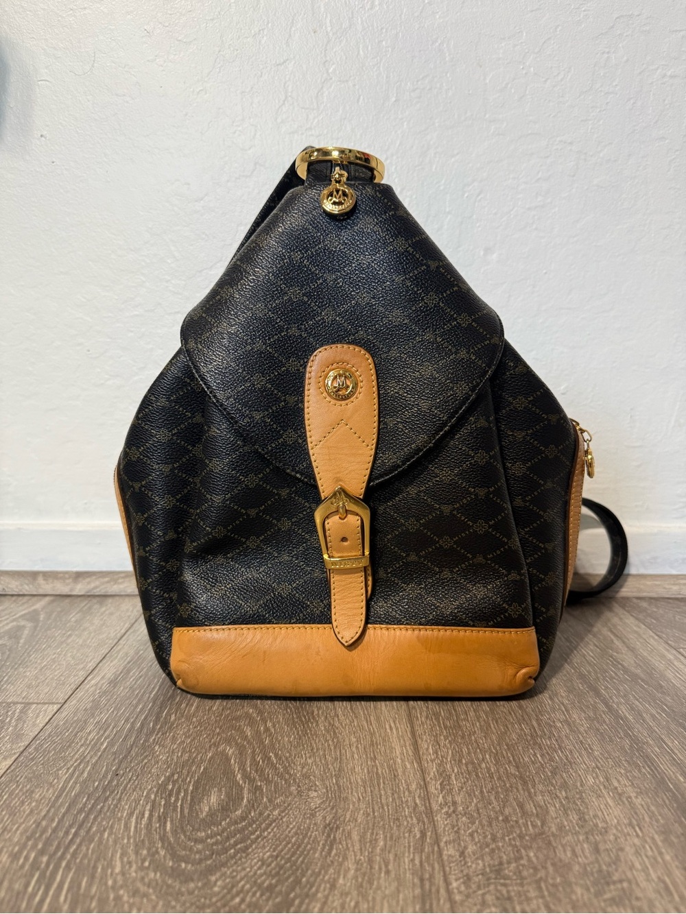 Black & Tan Patterned Women's Backpack with Leather Trim